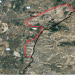 The Green LIne, current boundary of the disputed territories, is marked in black on the Google Satellite image. The red line contains the Arab towns in Wadi Ara proposed for inclusion in a future Palestinian state.
